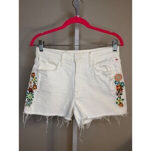 MOTHER The Doodie Short Fray White Embroidered Floral Denim Shorts Size 26